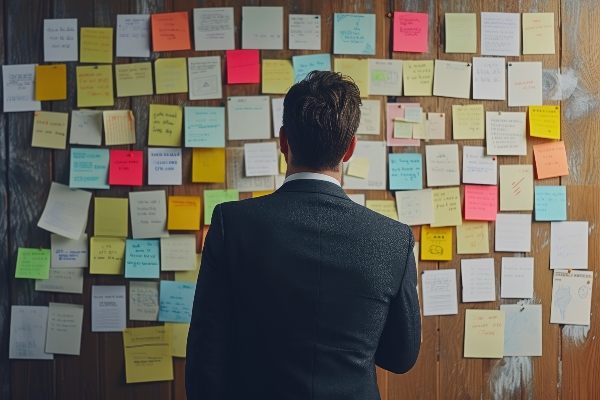 Concept per consigli per la gestione del lavoro come consulente immobiliare: persona di spalle che guarda un muro con post-it. Replanner