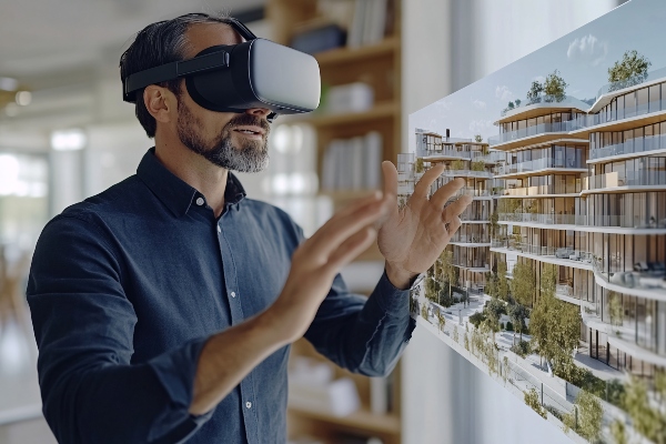 Concept per andamento del mercato immobiliare: uomo indossa un visore VR per vedere un edificio