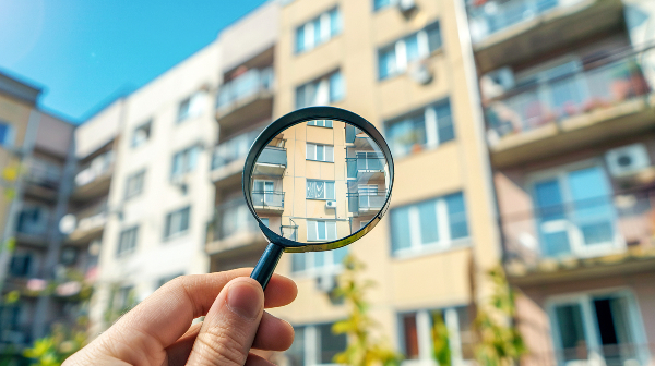 Concept per vendere casa con agenzia: lente di ingrandimento su di un appartamento