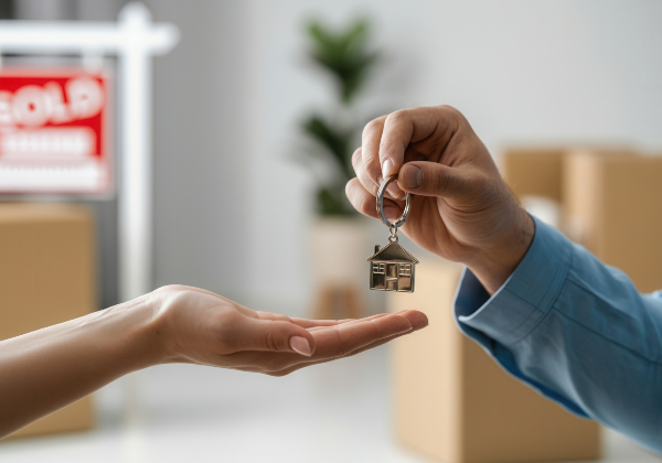 Concept per vendere casa con agenzia: consulente immobiliare consegna le chiavi dell'abitazione al nuovo proprietario