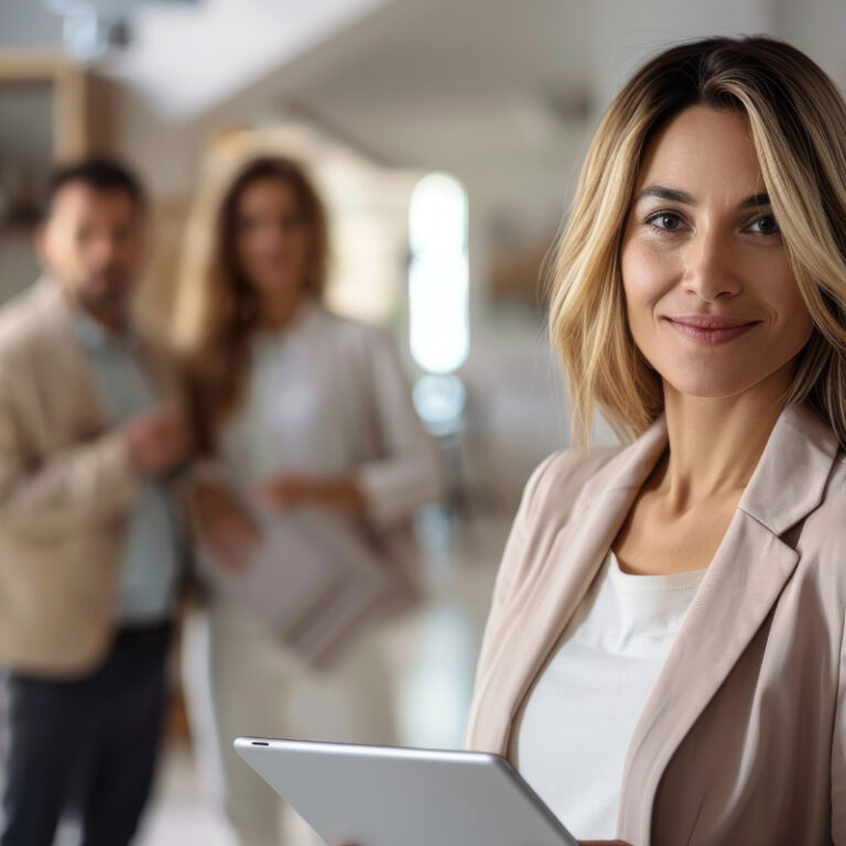 Concept come gestire la prima visita immobiliare: primo piano di donna consulente immobiliare e sullo sfondo due clienti