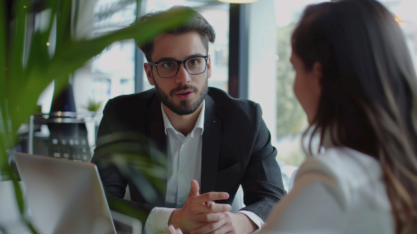 Concept per la gestione delle obiezioni nel settore immobiliare: consulente parla a una cliente