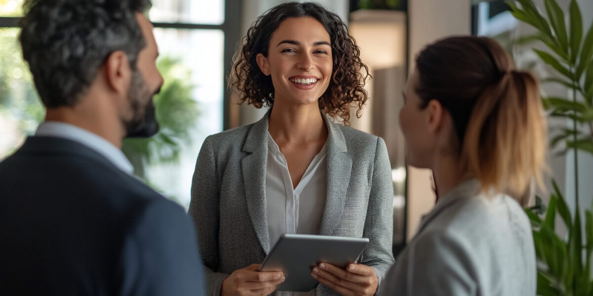 Concept per la gestione delle obiezioni nel settore immobiliare: consulente parla sorridente a due clienti