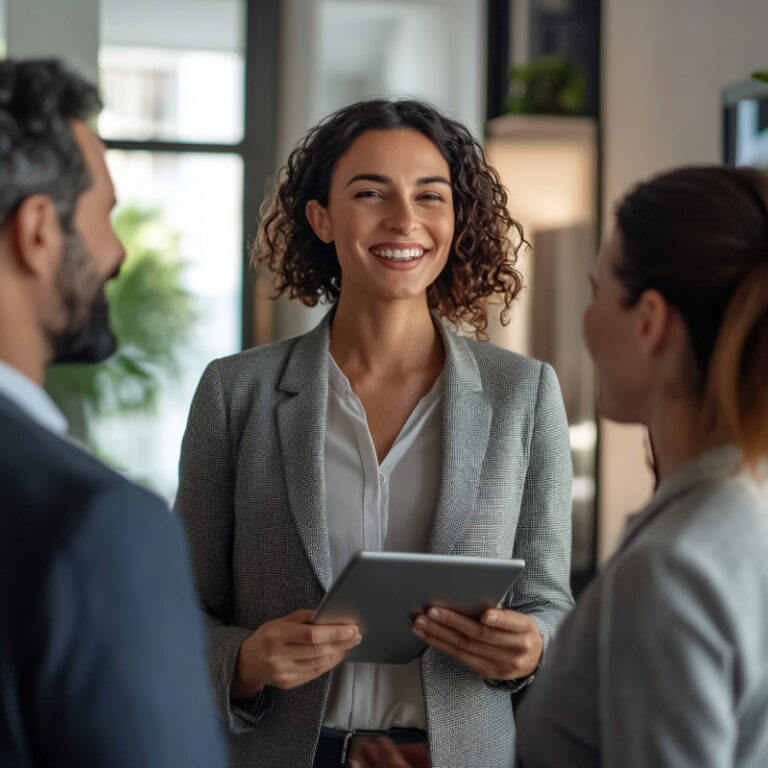 Concept per la gestione delle obiezioni nel settore immobiliare: consulente parla sorridente a due clienti