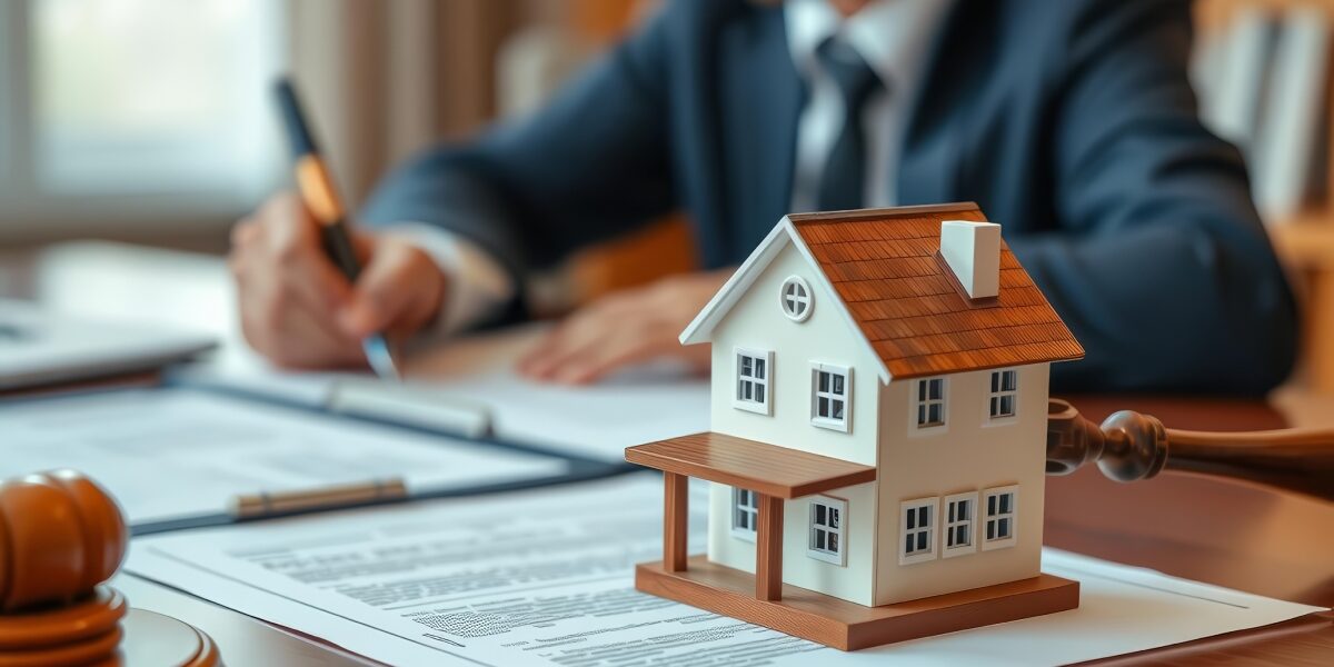 Concept per ''tecniche di negoziazione immobiliare'': close up su modellino 3d di abitazione. Sullo sfondo, un acquirente firma il rogito.