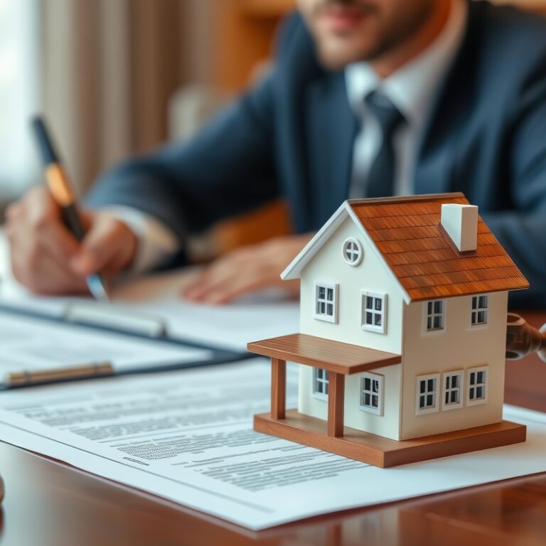 Concept per ''tecniche di negoziazione immobiliare'': close up su modellino 3d di abitazione. Sullo sfondo, un acquirente firma il rogito.