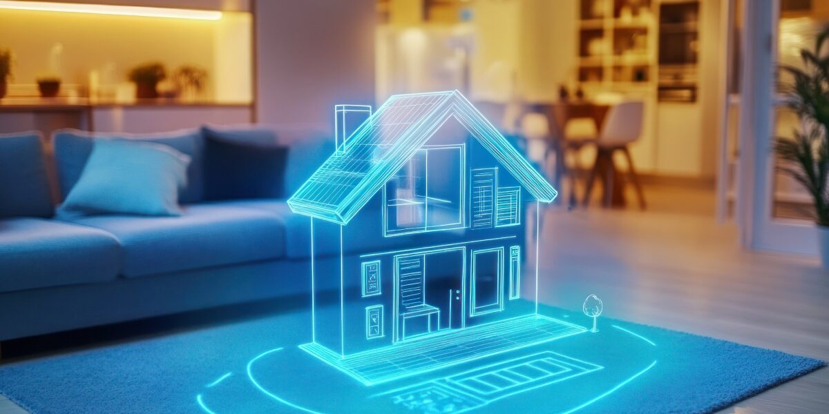 Concept per nuove tecnologie e strategie innovative nel settore immobiliare: ologramma di abitazione