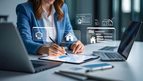 Concept per nuove tecnologie e strategie innovative nel settore immobiliare: consulente immobiliare al computer, circondata da icone del settore