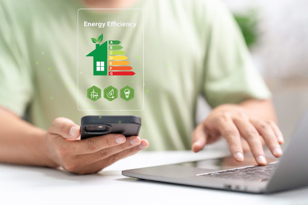 Concept per Direttiva Casa Green: close up su mani di persona che tengono uno smartphone dal quale escono icone di efficienza energetica di un immobile