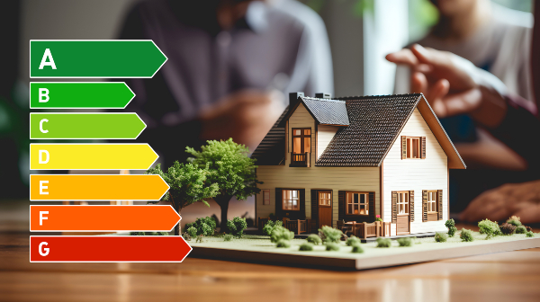 Concept per Direttiva Casa Green: modellino di abitazione con illustrazione di classi energetiche