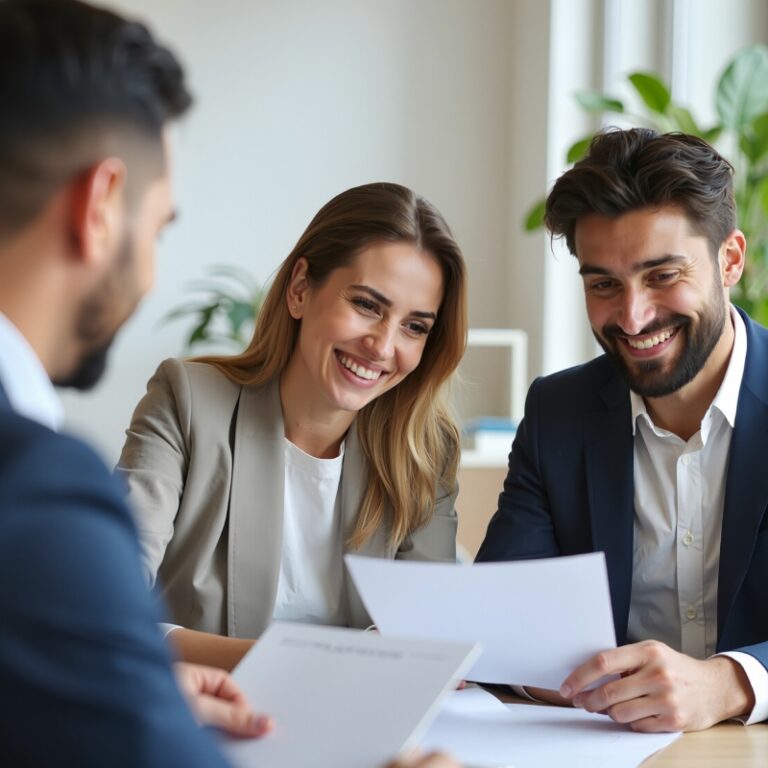 Concept per la gestione dei clienti nel settore immobiliare: consulente insieme a coppia di acquirenti sorridenti